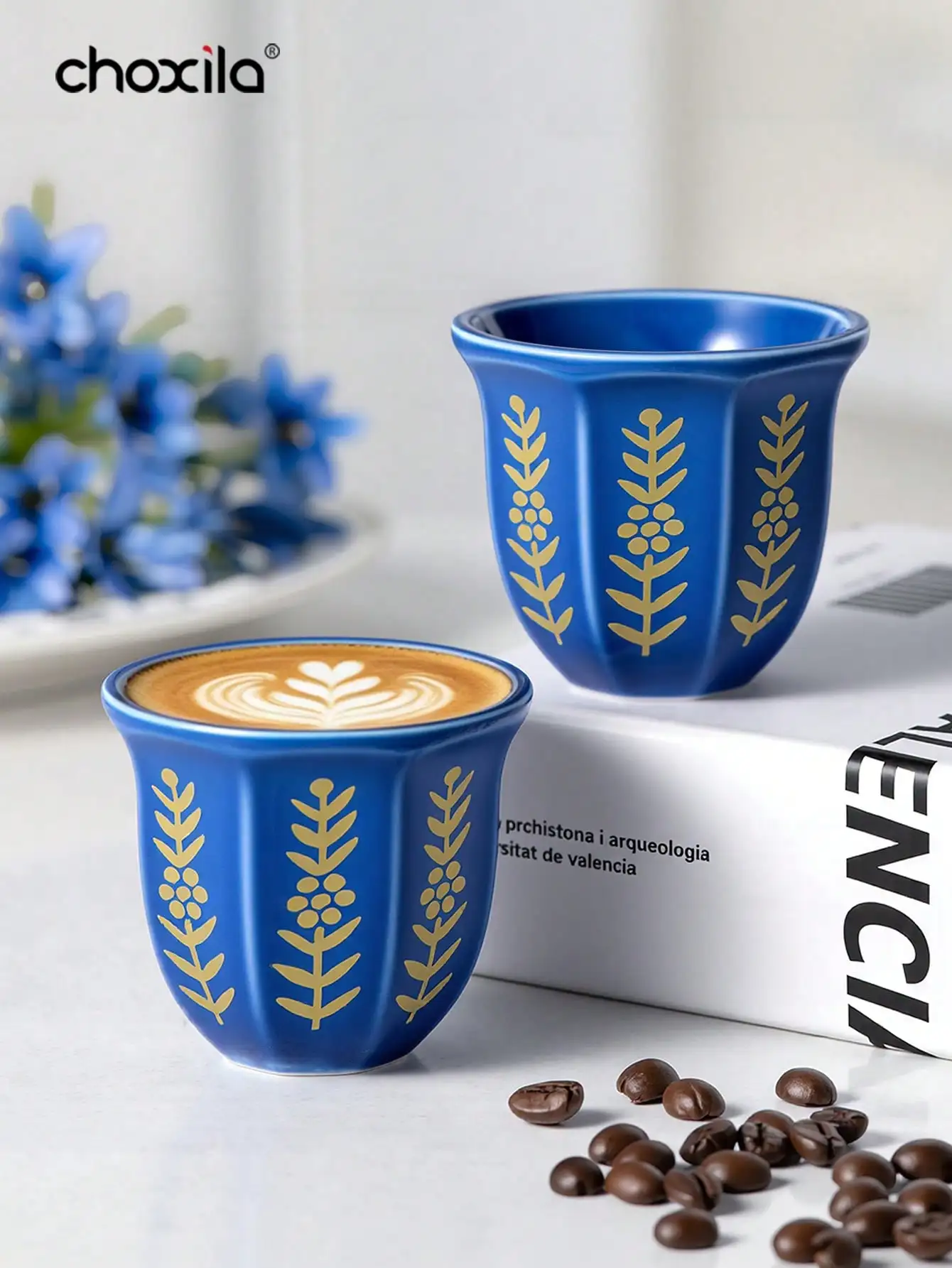 1pc 100ml Matte Blue Tulip Ceramic Espresso Cup, Golden Print, Saudi National Day Gift