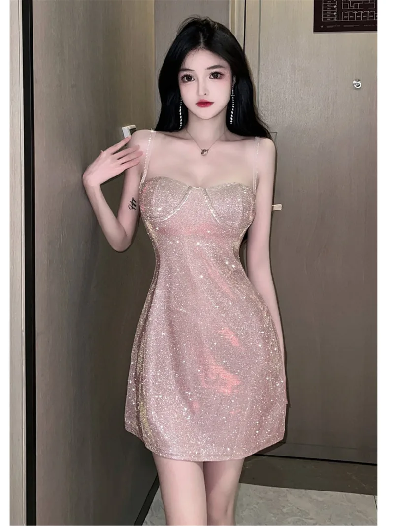 

2023 Summer New Mature Style Sexy Sweet backless High Waist sling Sparkling Pink Bright Diamond Fashion A-line Dress Women OXKE