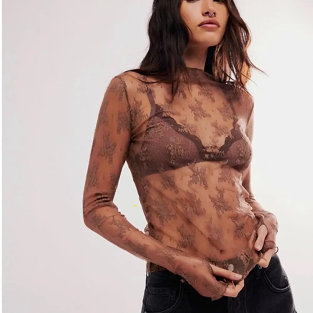 

Summer Thin See Through Slim Bottoming Women High Collar Sexy Mesh Perspective Blouse Lace Long Flare Sleeved Tops Shirt Solid