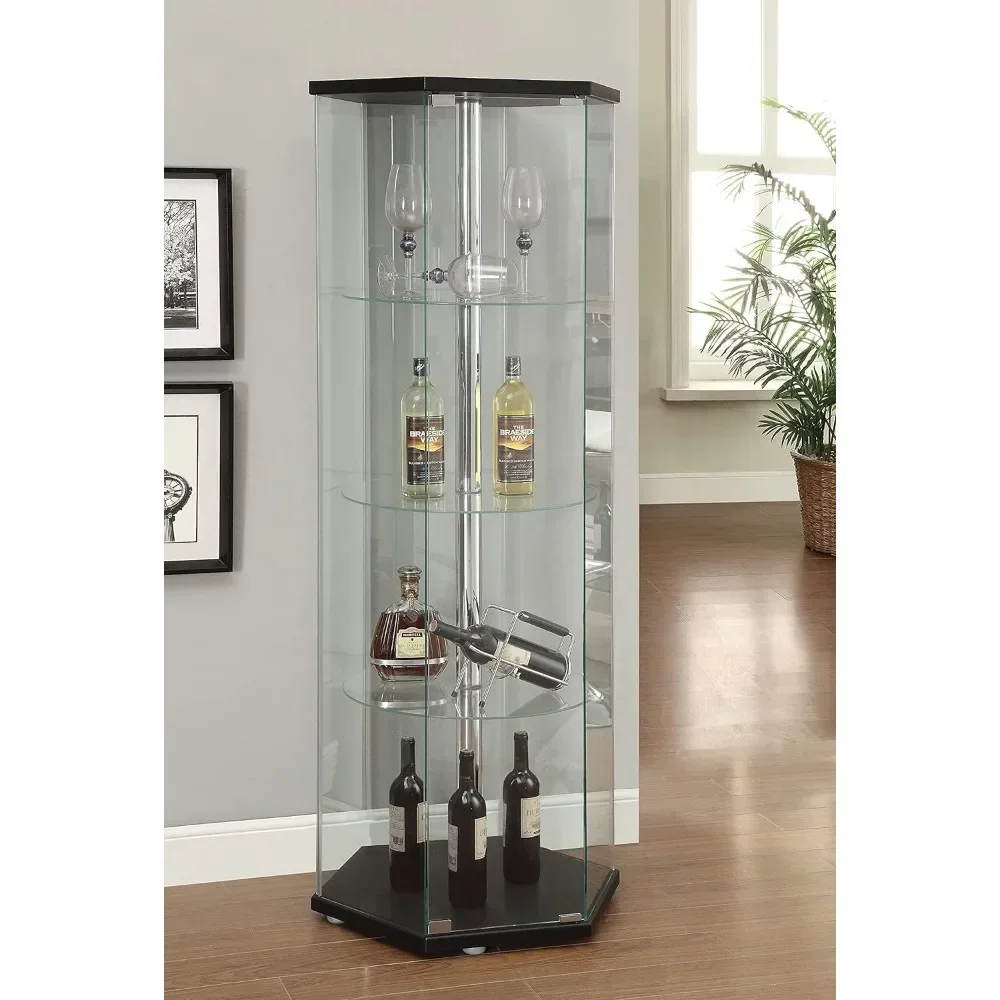 Living Room Displays Cabinets,Traditional Glass Hexagon Shaped Curio Cabinet with Three Round Shelves, Glass Display Cabinet