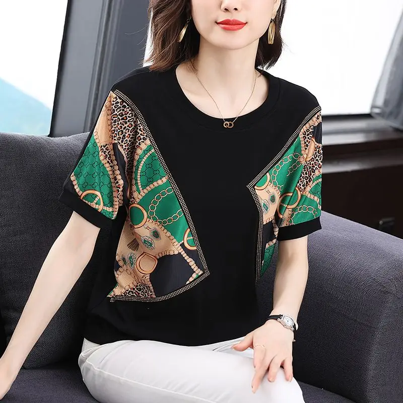 Fashion O-Neck Spliced Printed Diamonds Blouses Women\'s Clothing 2025 Spring Summer New Loose All-match Tops Office Lady Shirts