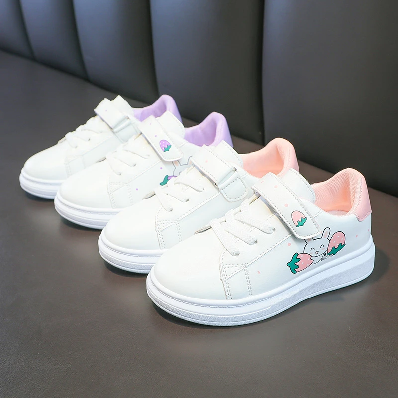 Girl's Shoes Fashion Small White Shoe Summer Lightweight Lace-up Cute Cat Pattern Skateboarding Sports Shoes Casual Kid Sneakers