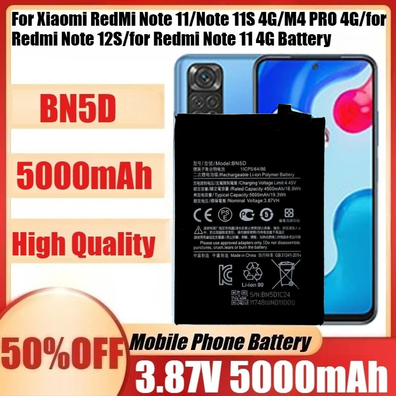 New BN5D 5000mAh 3.87V Battery for Xiaomi RedMi Note 11/Note 11S 4G/M4 PRO 4G/for Redmi Note 12S/for Redmi Note 11 4G Battery