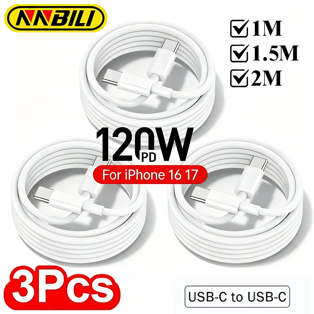 NNBILI 3Pcs 120W Dual USBC To Type C Super Fast Charging Data Cable For iPhone 17 18 Pro Samsung Huawei Quick Cord Transfer Wire
