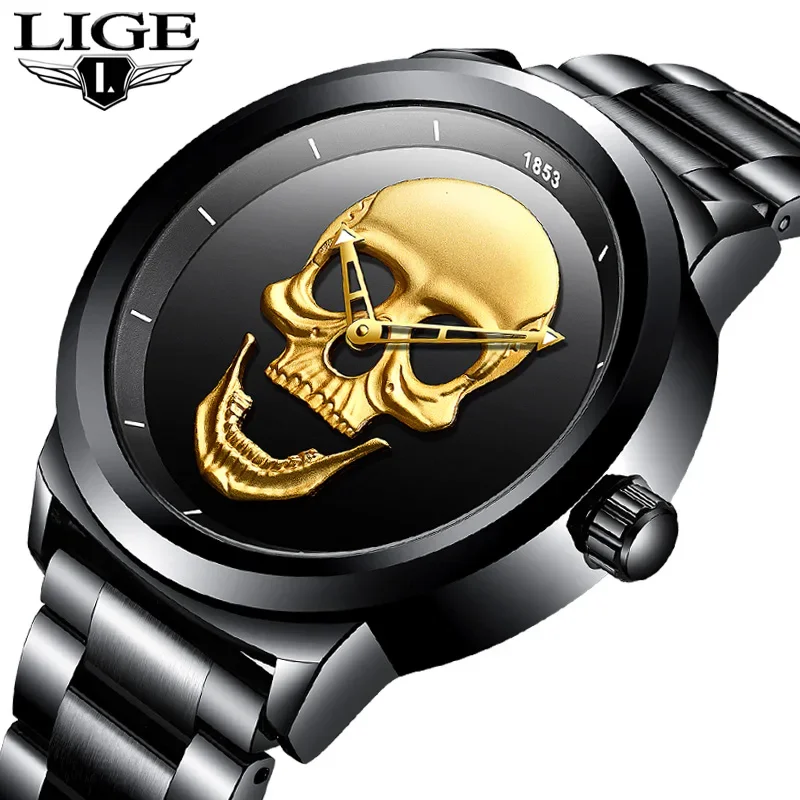 LIGE Top Brand Fashion Quartz Man Watch Creative 3D Skull Stainless Steel Watchs for Men Casual Business Waterproof Male Clocks