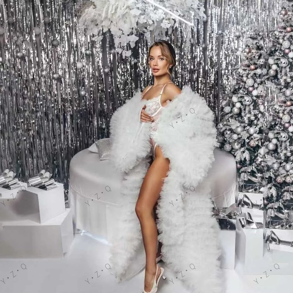 Extra exuberante tule vestidos para grávidas para sessões de fotos com mangas completas em camadas longos vestidos grávidas tule robe jaqueta