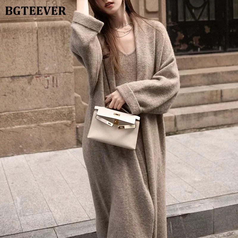 BGTEEVER Autumn Winter Women Knitted Dress Set Long Sleeve Loose Cardigans Sweaters Ladies V-neck Package Hip Dresses