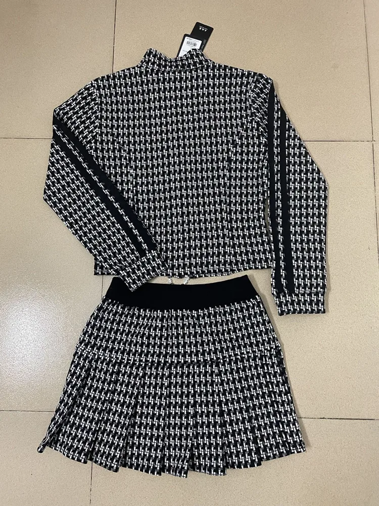 High-end Fashion 2024 Winter 2-piece Women's Retro Lapel Short  Jacket Mid-length Skirt Two-piece Houndstooth Tweed Skirt Suit