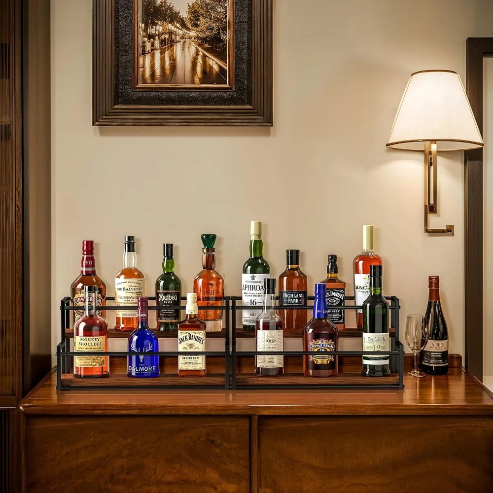 رف عرض زجاجات الخمور من طبقتين للبار والمطبخ - يحمل زجاجات النبيذ والويسكي مع منظم