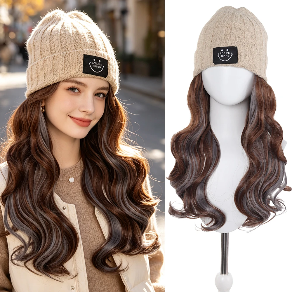 Synthetic 18 inch knitted hat with long curly hair hat wig, wavy wig, winter wig, beige/blue/coffee knitted hat Christmas outfit