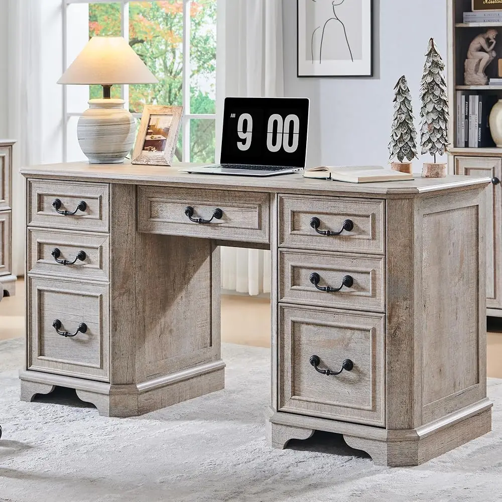

59"" Farmhouse Executive Desk With Drawers,Wood Home Office Computer Desk, Featuring Keyboard Tray,Charging Station,File
