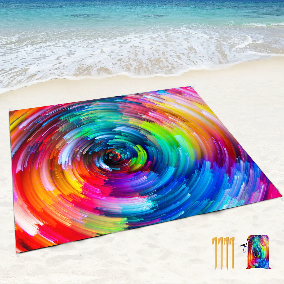 Rainbow Swirl Print Beach Blanket Waterproof SandProof,Beach Mat with Corner Pockets,Portable Mesh Bag for Beach,Picnic,Travel