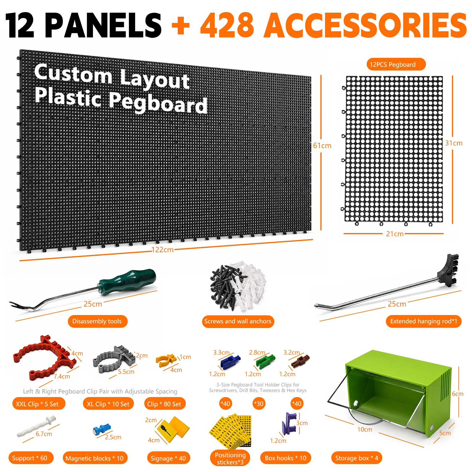 Plastic Pegboard Wall Storage Kit, 12pcs Black 122 X 61cm, 428 Accessories, Hooks, Clips, and Boxes, Modular Tool Storage Board