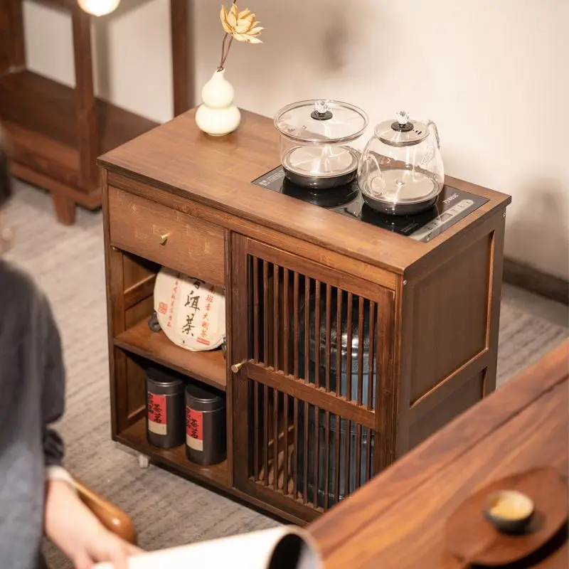 New Chinese mobile tea cabinet household small tea table kettle integrated living room tea table side cabinet small solid wood t