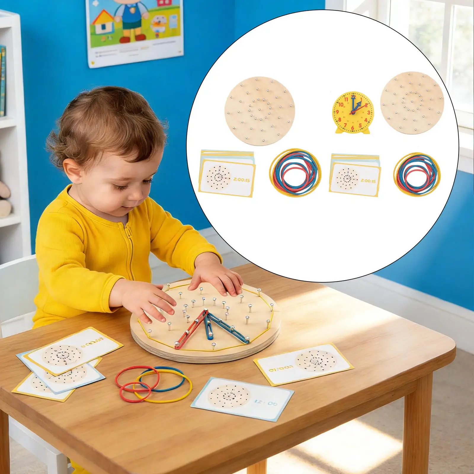 

Wooden Geoboard Shape Puzzle Clock Teaching Time Toy,Graphical Educational Toy Brain Teaser for Child Homeschool Classroom Kids