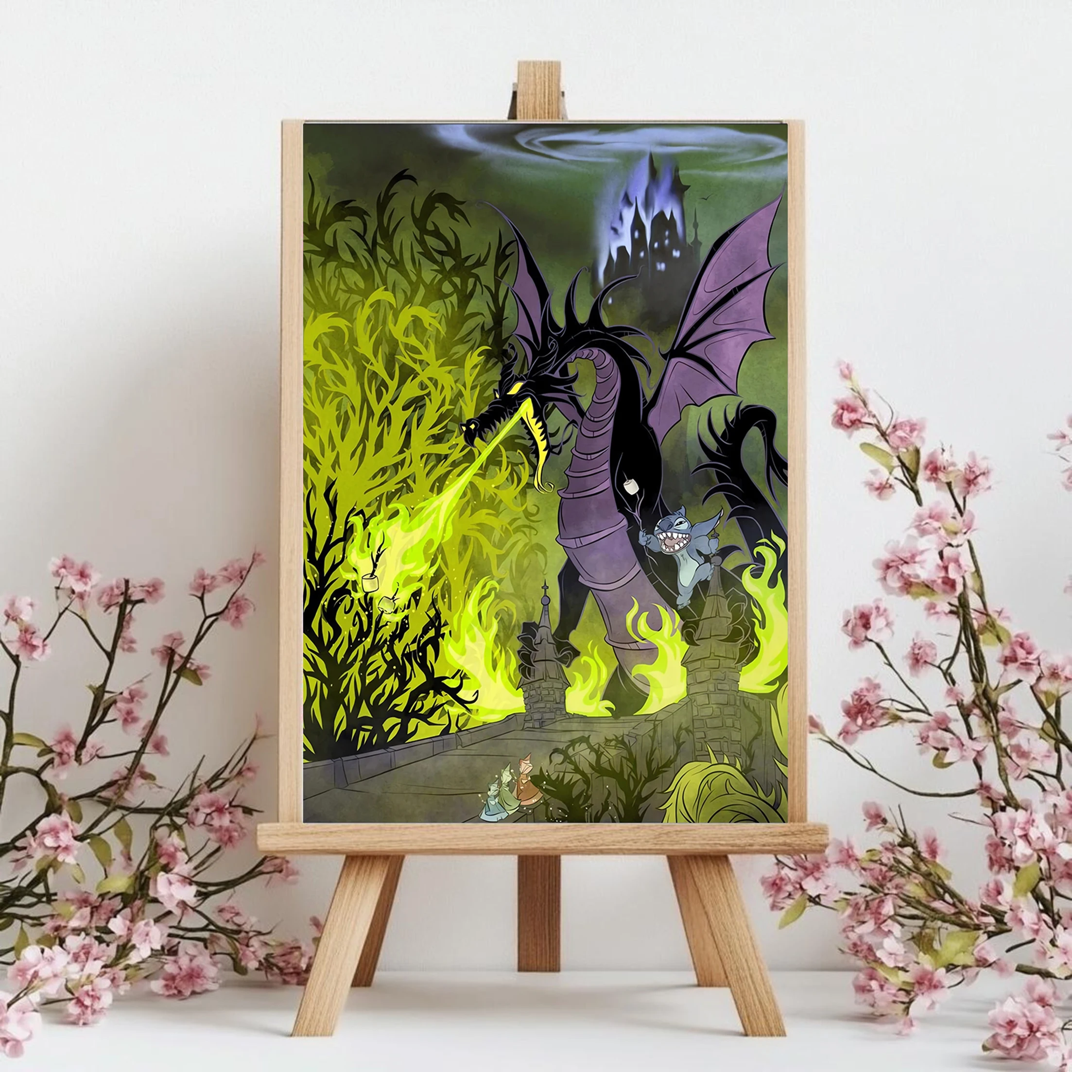 ملصق قماشي متقاطع من Sleeping Beauty and Lilo & Stitch، طباعة فنية تتميز بالغرز والتنين، هدية فنية لمحبي ديزني، ديكور منزلي #1