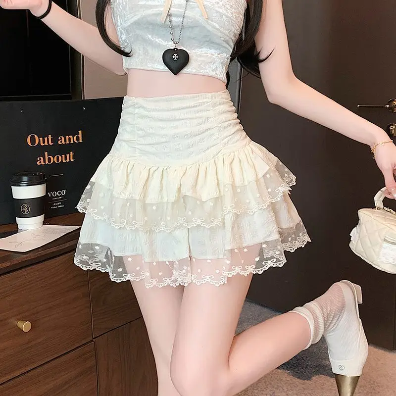 Sweet  Spring Summer New Style High Waist Lace Skirt Ballet Netting Trim Anti Walk off Shoulder Korean Style Cake Skirt