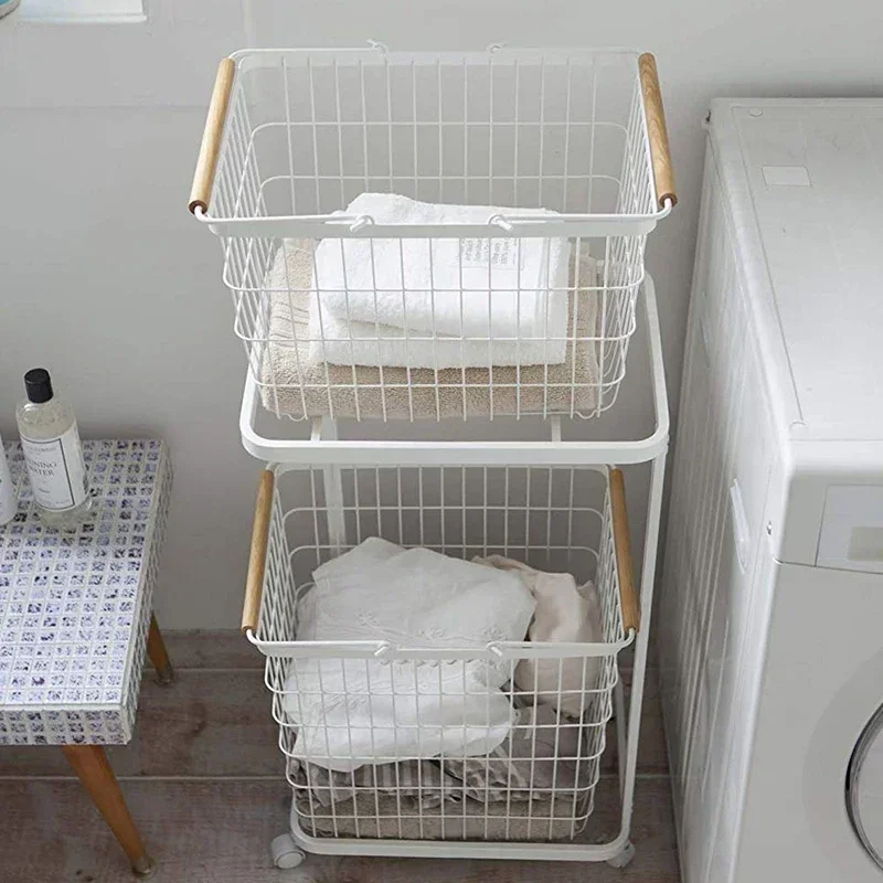 Double Layer Cloth Storage Baskets Rack Iron Laundry Storage Stand with Wheels Multi-Functional Bathroom Floor Organizer