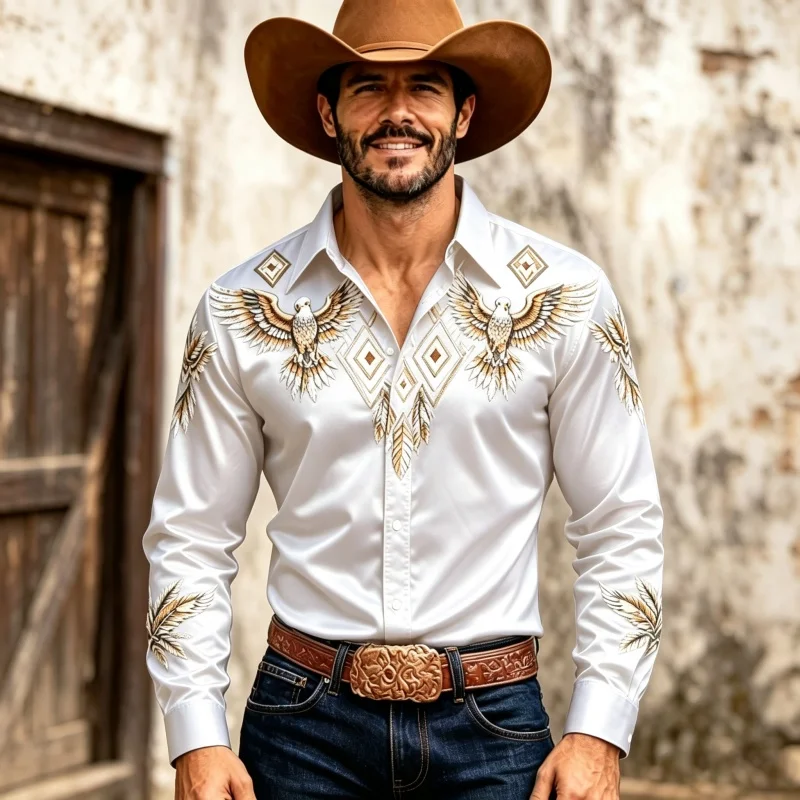 2026 new men's shirt Western style eagle print long sleeved shirt color blocked lapel single breasted retro casual men's top