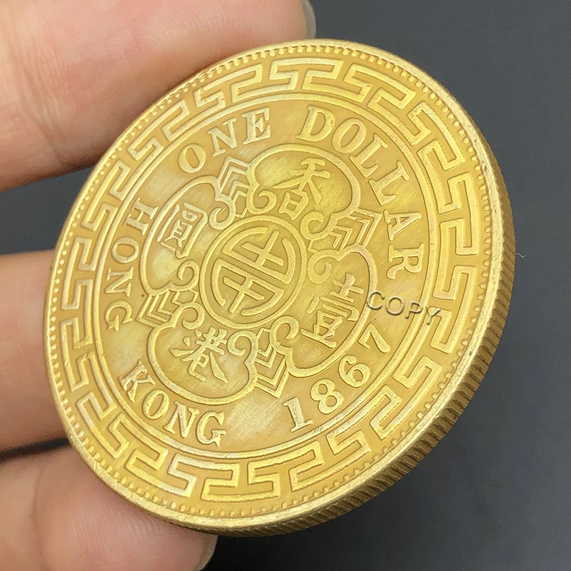 China 1867 Hong Kong UK Victoria Queen 1 Dollar Replica Gold Coin Brass Metal Commemorative Perfect for Collectors & Gift