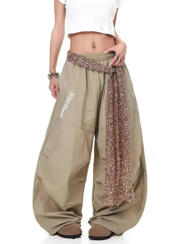 ผู้หญิงสีเทาเข้ม Baggy ร่มชูชีพกางเกง Sweatpants กับแถบยืดหยุ่น Harajuku ญี่ปุ่น 2000s สไตล์ Y2k Vintage กางเกงเสื้อผ้า