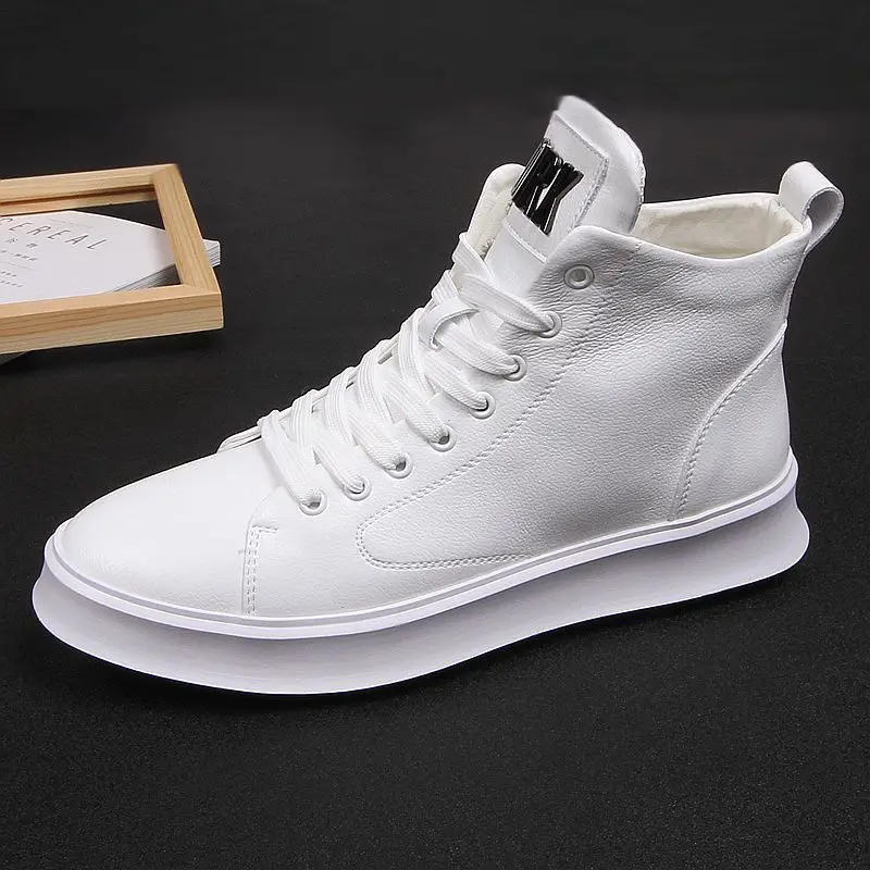 Spring Fashion High-Top Shoes Men\'s Versatile Casual Board Thick Bottom Hidden Heel White Shoes  mens leather shoes