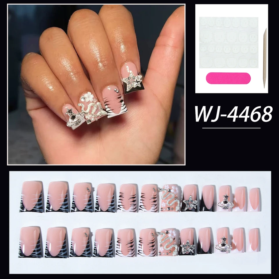 24 Piezas Uñas Postizas Largas Pato con Francesa Negra, Decoradas con Cruz de Aleación 3D y Serpiente con Pedrería, Ajuste Perfecto 6