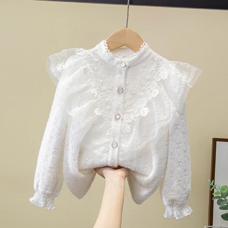 春秋の子供服-ティーンエイジャーの女の子用-フリルレースブラウス-白長袖ガールズシャツ-キッズシャツ-6歳-8歳-10歳-12歳-14歳