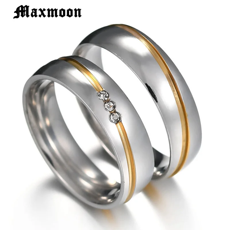 Maxmoon  2019 New  Gold color Stainless Steel Wedding Bands Shiny Crystal Ring for Female Male Jewelry 6mm Engagement Ring