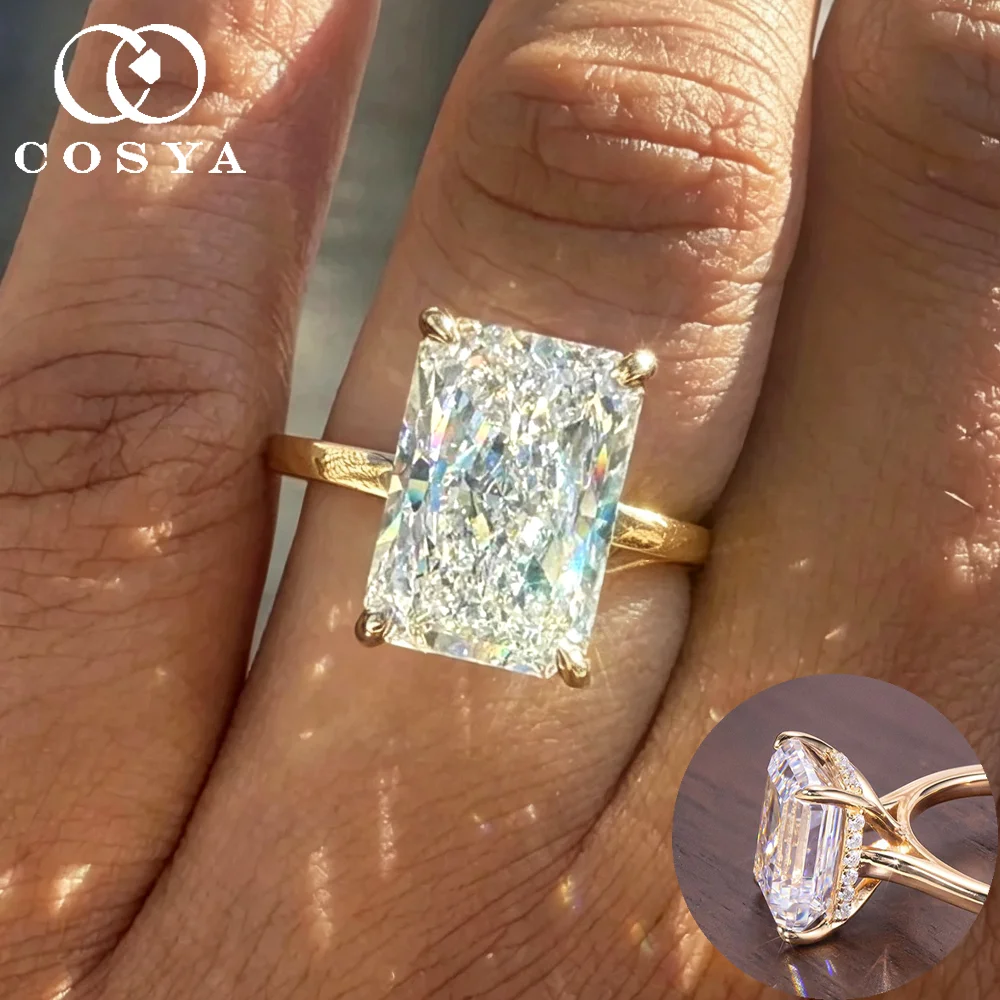 COSYA 1-10CT Real Radiant/Emerald Moissanite Solitaire Ring for Women S925 Silver Plated 18K Hidden Halo Wedding Band Jewelry