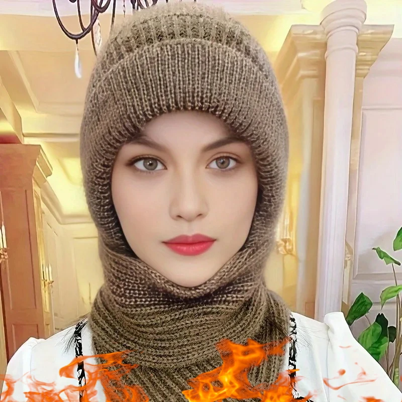

Winter Woolen Knit Hat Scarf One Piece Womens Warm Thermal Hat with Ear Protection Windproof Outdoor Accessories Christmas Gift