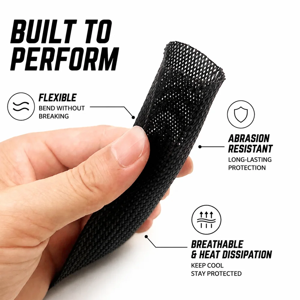 Black Flame-retardant PET Braided Sleeve ID 2-35mm Automotive wire insulation mesh sleeve