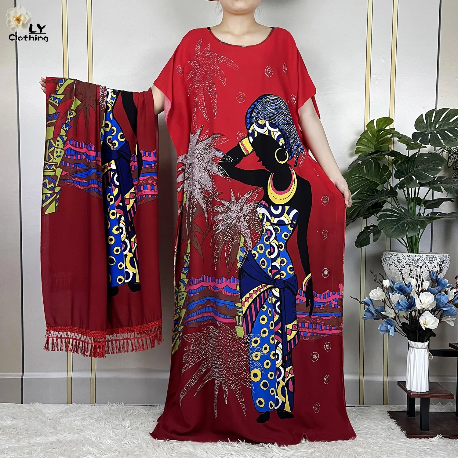 New African Abaya Summer Dress With Big Scarf Women Short Sleeve Dashiki Diamond Printed Floral Loose Cotton Maxi Islam Clothing