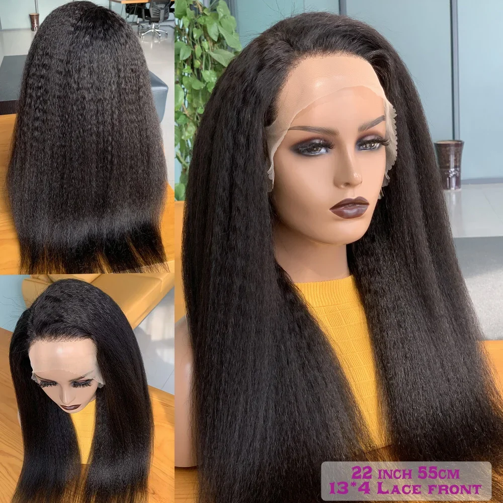 

Black Kinky Yaki Straight 26'Long 180Density Lase Front Wig For Black Women Heat Resistant BabyHair Glueless Preplucked Daily