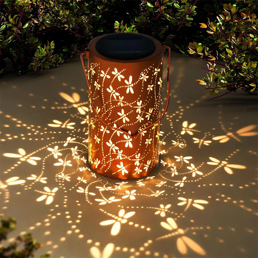 

Nice Solar Powered Lantern With Dragonfly Design Durable Metal Outdoor Hanging Light Solar Charged Lamp For Garden Pathway Lands
