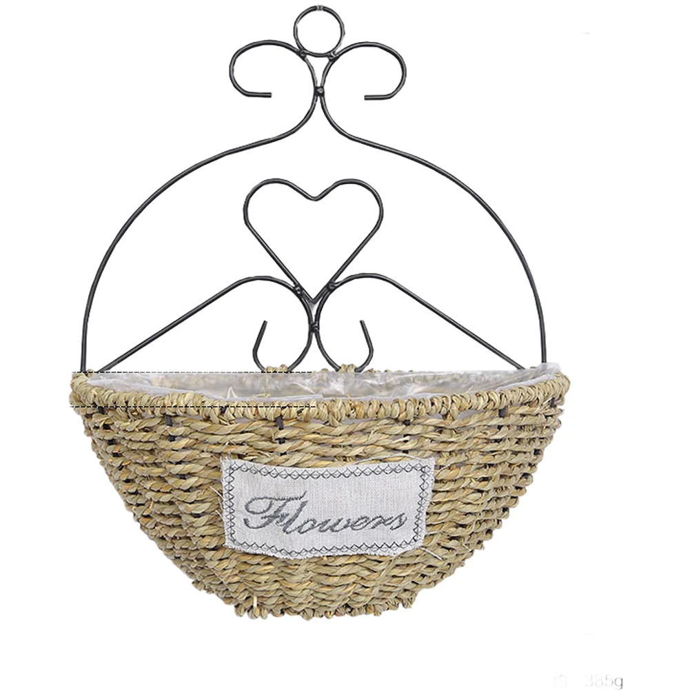 White Hand Woven Straw Wall Basket for Flowers Rustic Decoration Indoor Outdoor Use 35x25x15cm with Waterproof Inner Liner