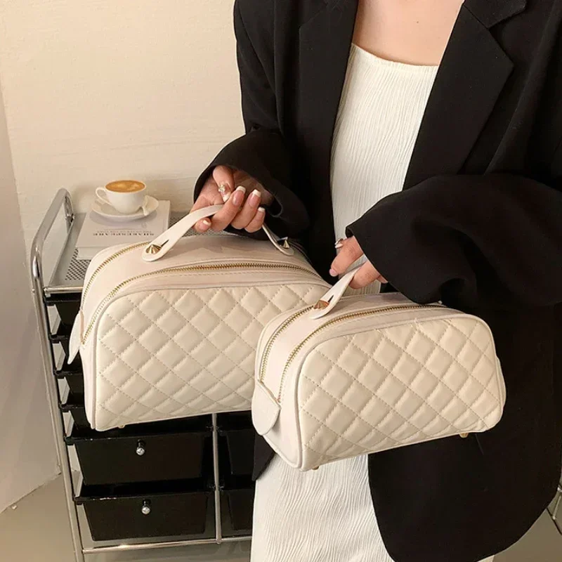 Bolsa de maquillaje de rejilla de alta calidad para mujer, bolsa de cosméticos de cuero, bolsa de almacenamiento de viaje grande, doble cremallera,