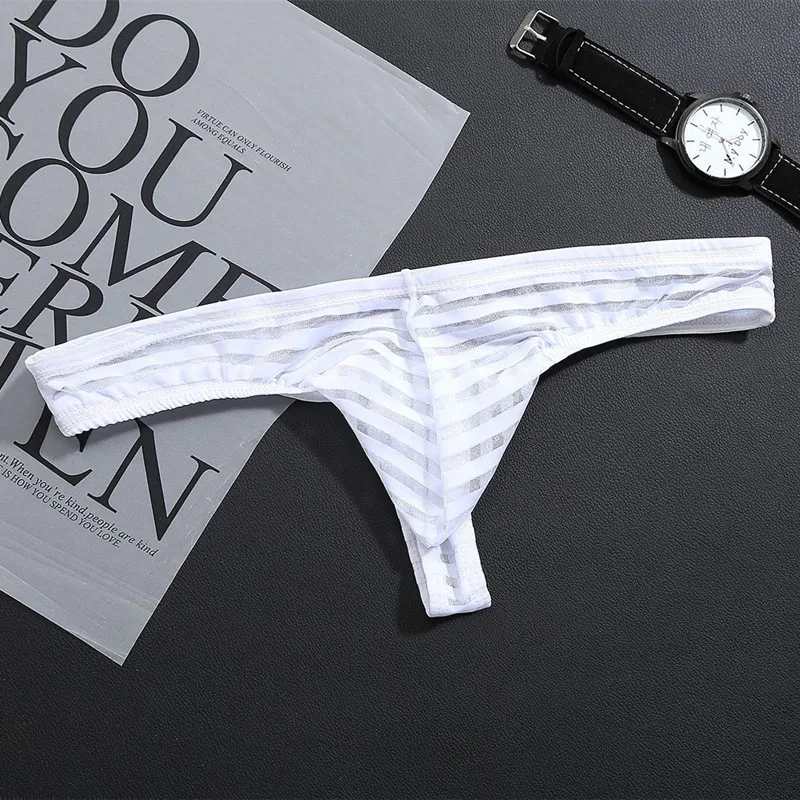 

Эротические мужские стринги с Т-образной спинкой для геев, U-образные выпуклые стринги в полоску, сетчатые прозрачные эластичные тонкие трусики из ледяного шелка, сексуальные трусики с открытыми ягодицами