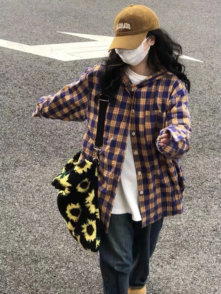 HOUZHOU Women Plaid Hooded Shirts Vintage Y2k Oversized Harajuku Long Sleeve American Style Checked Blouses Casual Streetwear