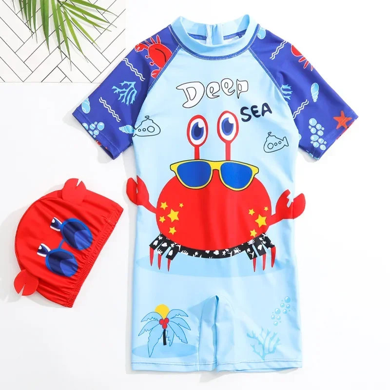 

Summer Children's One-piece Swimsuit Boys Cartoon Shark Short Sleeve Sunscreen Quick-Dry Vacation Swimwear Baby Bathing Costume