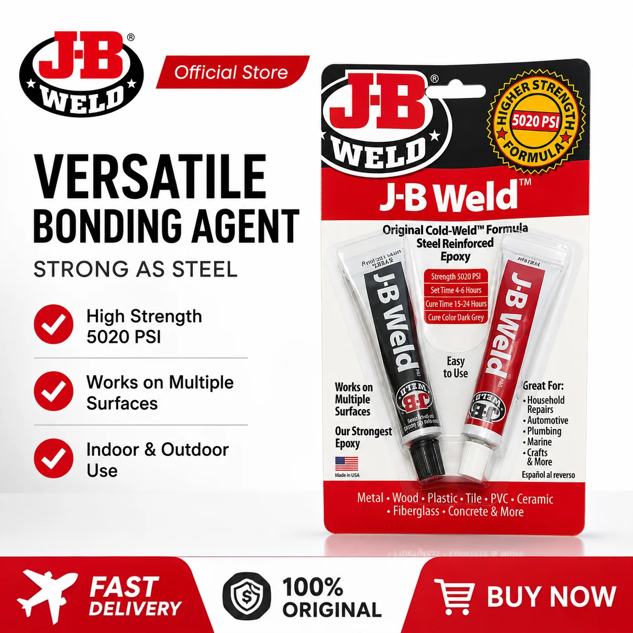 JB Weld 8276 Fast-Epoxy Adhesive Kit Versatile Bonding Agent for Metal Plastic Wood Ceramic Home Auto Repair