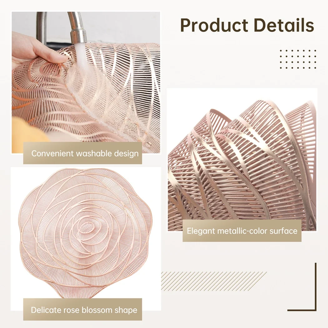 12Pcs Placemats And Coasters Set Rose Golden Round Pressed Place Mats Heat-Proof Kitchen Mats Washable Dining Table Centerpieces