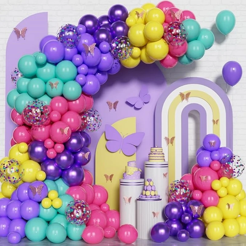137-teiliges Set Lila Ballonbogen-Kit, Konfetti-Ballons mit 3D Rosa Schmetterlingsaufklebern für Hochzeits- und Geburtstagsfeier-Dekoration