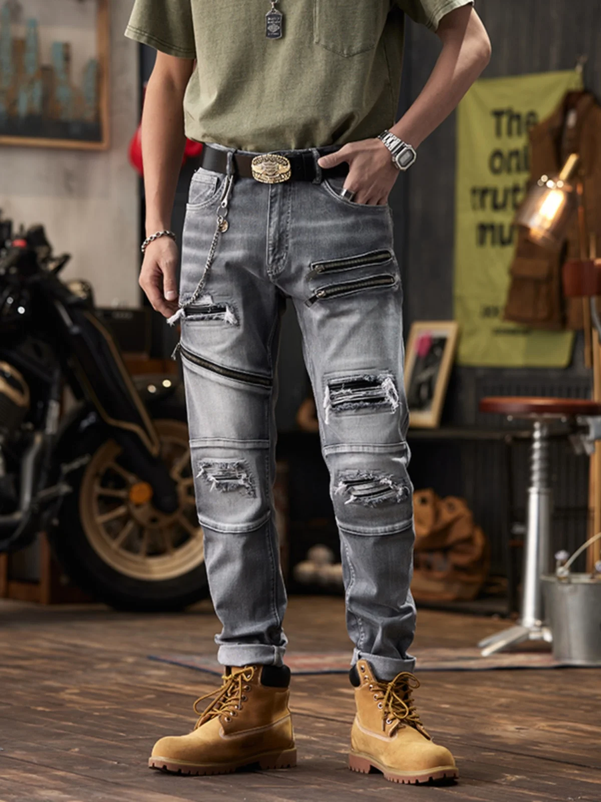 

Мужские рваные джинсы в стиле ретро с дырками, американские, в уличном стиле, облегающие, с индивидуальным дизайном, на молнии, мотоциклетные, длинные брюки, модные, хлопковые