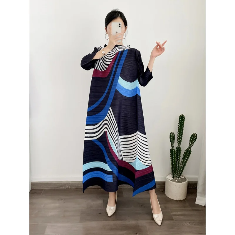 

DUOSHA Striped Pleated Dress Women Stitching Color Round Neck Loose Stylish Long Dresses Female 2023 Summer New 25869