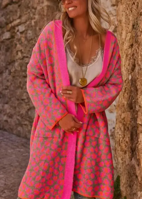 

Women Cardigan 2025 Autumn and Winter New Color Leopard Print Long Knitted Sweater Fashionable Retro Pocket Sweater Women's Coat