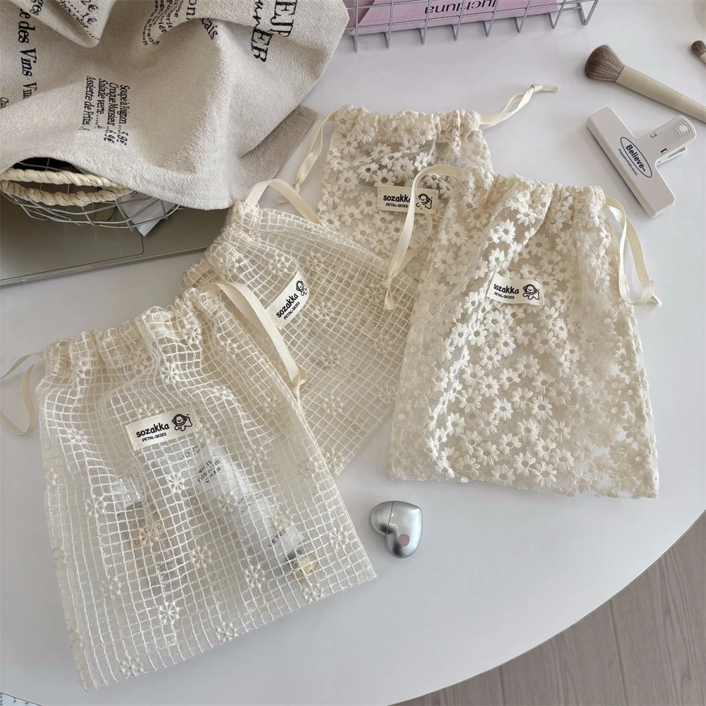 Mesh Lace Embroidery Daisy Storage Bag Bundle Mouth Travel Skin Care Products Sub-bagging Sundries Storage Bag
