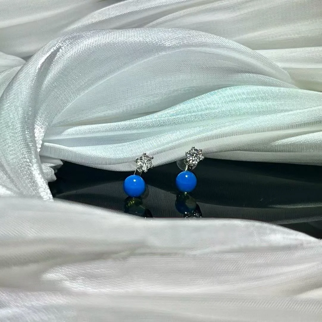 

Stunning 925 Silver Natural Dominican Blue Amber Ear Stud Sky Blue Bead CZ Diamond Drop Dangle Earring Dinner Party Fine Jewelry
