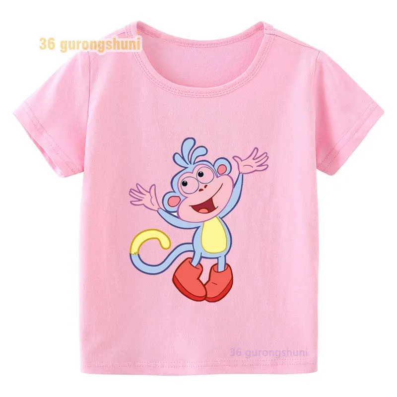 Funny Cartoon Dora T Shirt For Girls Pink Tops Graphic Tee Children clothing Kids Clothes Girl 8 To 12 Summer baby Short Sleeve