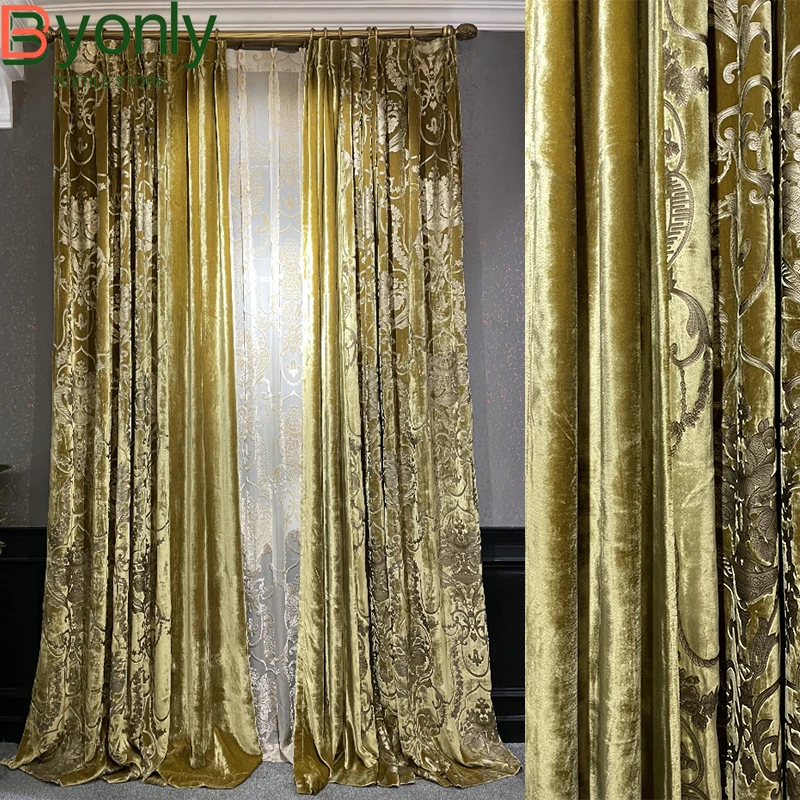 High End Gold Velvet Gilded Jacquard Curtains for Living Room Bedroom French Window Villa Customized Products